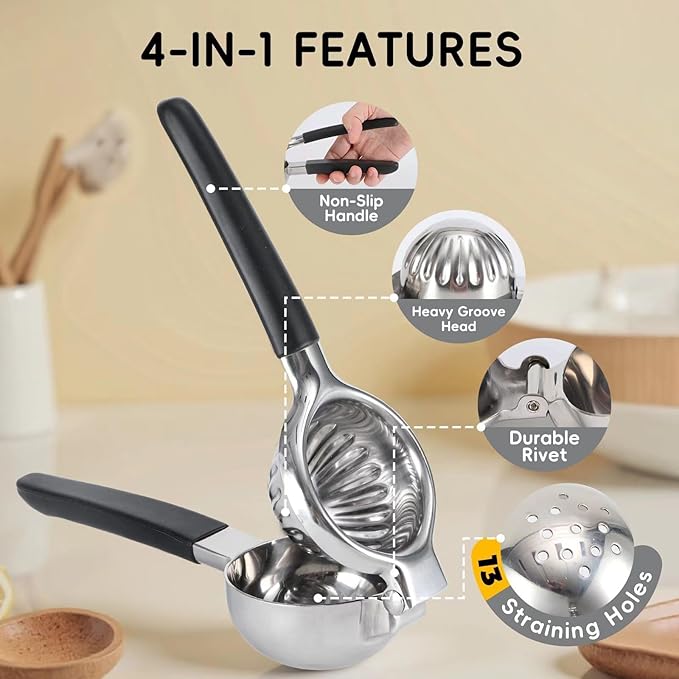 304 Stainless Steel Lemon Squeezer, Manual Lime Squeezer with 13 Filter Holes & Fine Strainer – Heavy Duty Citrus Juicer with Non-Slip Handles, Dishwasher Safe