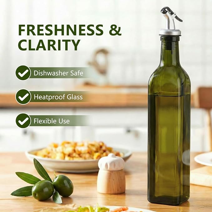 WERTIOO Green Oil Dispenser for Kitchen 4Pack, 17oz Olive Oil Dispenser Set | 500ml Oil and Vinegar Dispenser Set, Olive Oil Bottles for Kitchen, Glass Bottles for Vinegar, with Pourer, Funnel and Label
