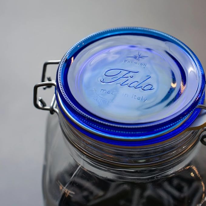 Bormioli Rocco Fido Glass Canning Jar, Blue Lid - 67.75 oz Airtight Container with Clamp Lock Canister for Preserving Vegetables, Sauces & Cooking “Au Bain-Marie” - Italian Glass, Dishwasher Safe