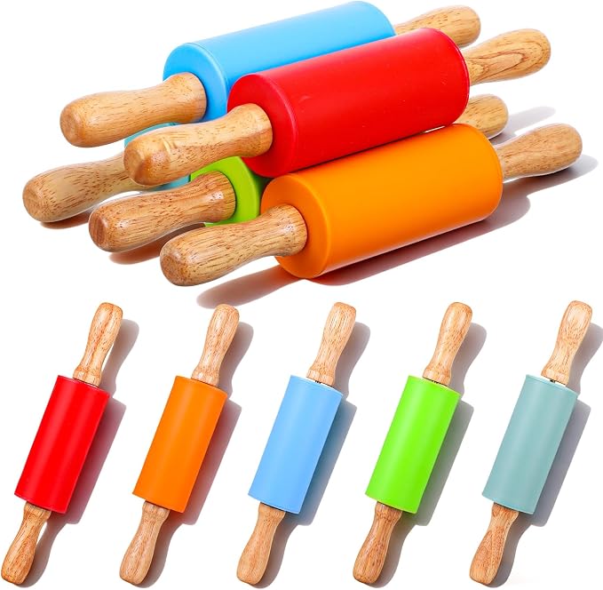 10Pcs 9 Inch Mini Rolling Pins, Non-Stick Silicone Rolling Pins with Wooden Handle, 5 Colors for Baking Cookies, Dough, Fondant & Craft Clay