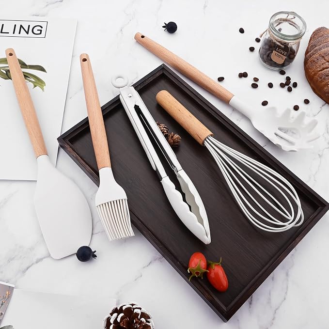 1pc White Silicone Egg Whisk with Wooden Handle, Heat Resistant Cooking Utensils for Blending Whisking Beating Stirring Cooking Backing
