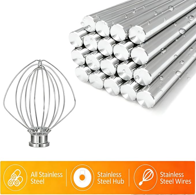 K45WW Whisk Attachment for KitchenAid 4.5 & 5 Qt Tilt-Head Mixers - Dishwasher Safe 6-Wire Stainless Steel Whip - Upgraded Heavy Duty Design for Fast Whipping Cream, Eggs, Frosting