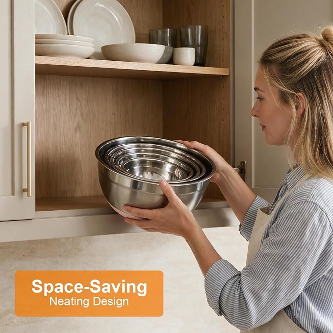 5PCS Stainless Steel Mixing Bowls Set With Non-Slip Silicone Base | 1.5/2/2.5/3.4/5.3Qt, Nesting Space Saving, Heavy Duty, Large Prep Metal Bowl For Mixing Baking, Serving, Kitchen Food Storage
