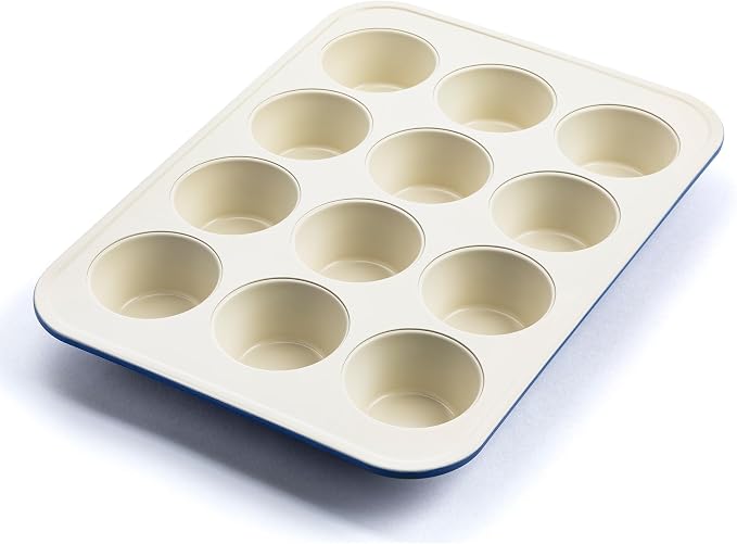 GreenLife 12 Cup Ceramic Nonstick Muffin Pan, Navy | 11.4" x 1.9" x 15.9", PFAS-Free Nonstick, Cupcake Tin, Easy Release, Even Heating, Wipe Clean, Heavy Duty, Warp Resistant