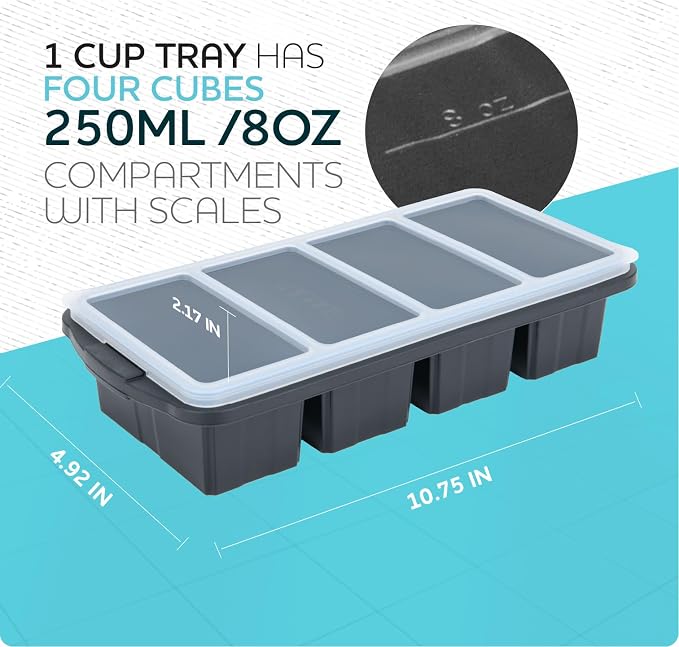 XOMOO Silicone Freezer Tray With Lid - Soup Freezer Container molds - Large Ice Cube Tray- makes 8 perfect 1 cup portions cubes, 2-Pack Freezer Storage Food Soups & Meal Prep - Oven & Dishwasher -Safe