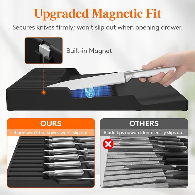 Lifewit Magnetic Drawer Knife Organizers Insert, Kitchen Plastic In Drawer Knife Block Slots, Steak Chefs Knives Holder Storage for 16 Knives and 1 Sharpening Steel, Extra Large, Black, 16.5"/42 cm(W)