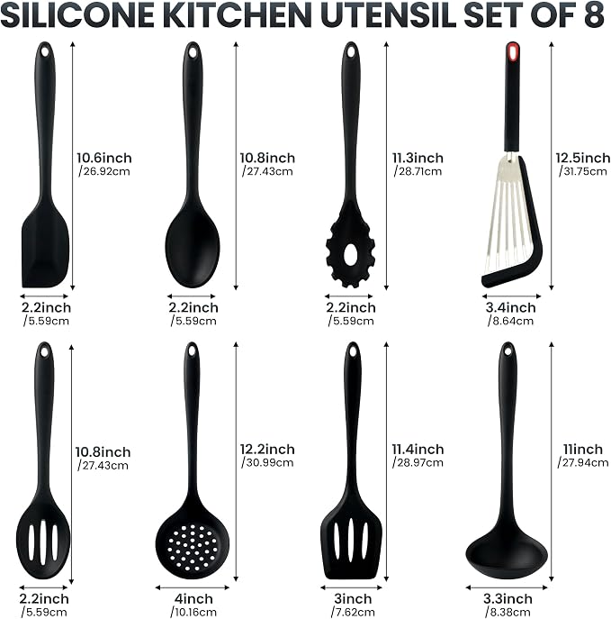 Silicone Kitchen Utensils Set, 8 PCS Heat Resistant Non Stick Cooking Tools, Silicone Spatula/Turner/Serving Spoon/Soup Ladle/Slotted Spoon/Pasta Server/Skimmer/Fish Spatula (Black)
