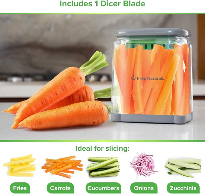 Prep Naturals 3-in-1 Manual French Fry Cutter - Interchangeable Blades for Potato Cutter & Fry Slicer - Functions as Potato Dicer & Food Dicer - Includes Safety Glove - Medium, Gray