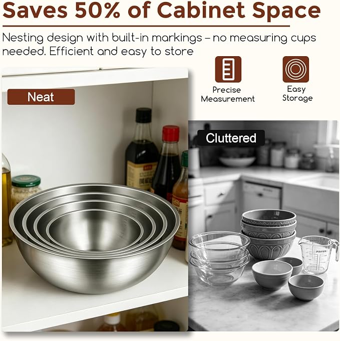Gronivex Stainless Steel Mixing Bowls Set, 4-Piece (1.5, 2.2, 3.4 & 4.2 Qt) | Food-Grade Metal,Dishwasher Safety,Stackable Nesting & Space-Saving, For home baking, salads, cooking, and RV or grilling use