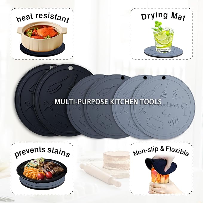 Silicone Trivet Mats - 3 Heat Resistant Pot Holders, Non-Slip Hot Pads for Kitchen, Food Grade Silicone, BPA Free, Easy to Wash (Black and Grey 6-Piece Set)