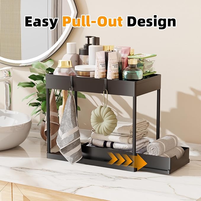 Simple Trending Under Sink Organizer 3 Pack, with Sliding Drawer, Black | 2 Tier Multi-Purpose Pull-Out Cabinet Organizer, Slide Out Storage Shelf for Kitchen Bathroom, Large Capacity, Easy Assembly