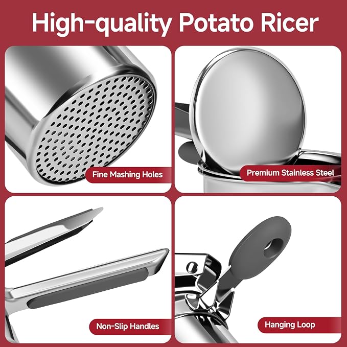 Potato Ricer for Mashed Potatoes-Stainless Steel 15oz | Large Capacity,All Clad,Heavy Duty,Ergonomic Handle for Spaetzle,Oranges, Lemons, Pumpkins, Carrots, Avocados(GRAY)