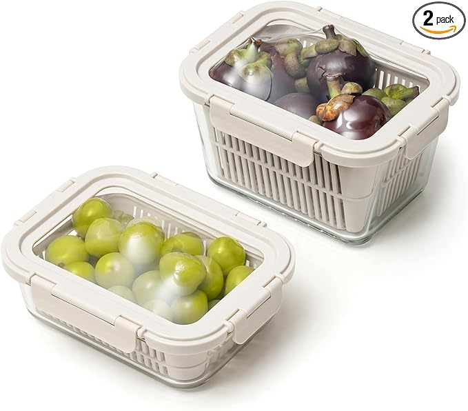 Glass Produce Storage Containers for Fridge, 2-Pack – Airtight Fruit & Vegetable Containers with Removable Colanders, Flexible Silicone Lids,LeakProof, BPA-Free Borosilicate Glass
