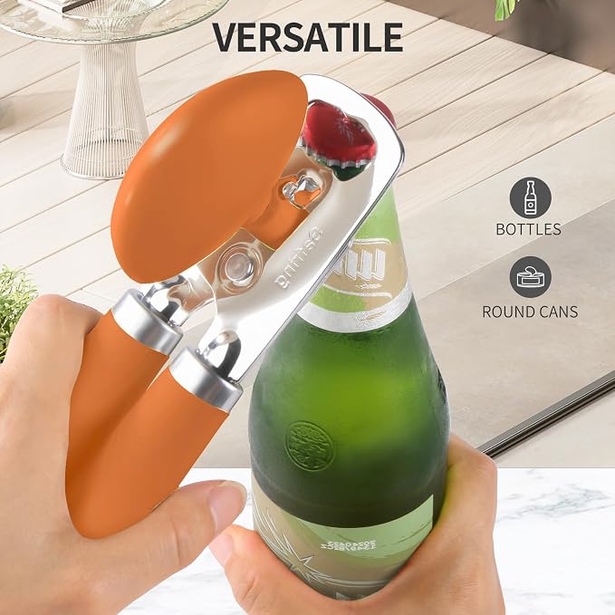 Safring Can Opener Manual, Heavy Duty Stainless Steel Smooth Edge Can Opener With Soft Touch Handle, Oversized Handheld Easy Turn Knob, Multi-Function Bottle Opener, Orange