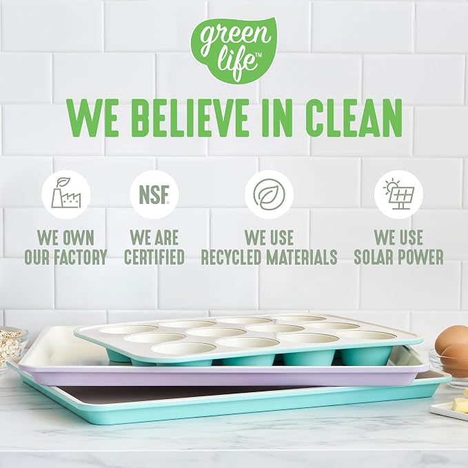 GreenLife 12-Cup Muffin Pan, PFAS-Free Healthy Nonstick Baking Tray, 11.4" x 1.9" x 15.9", Durable Ceramic Bakeware, Cupcakes, Egg Bites, Tarts, Brownies, Sage