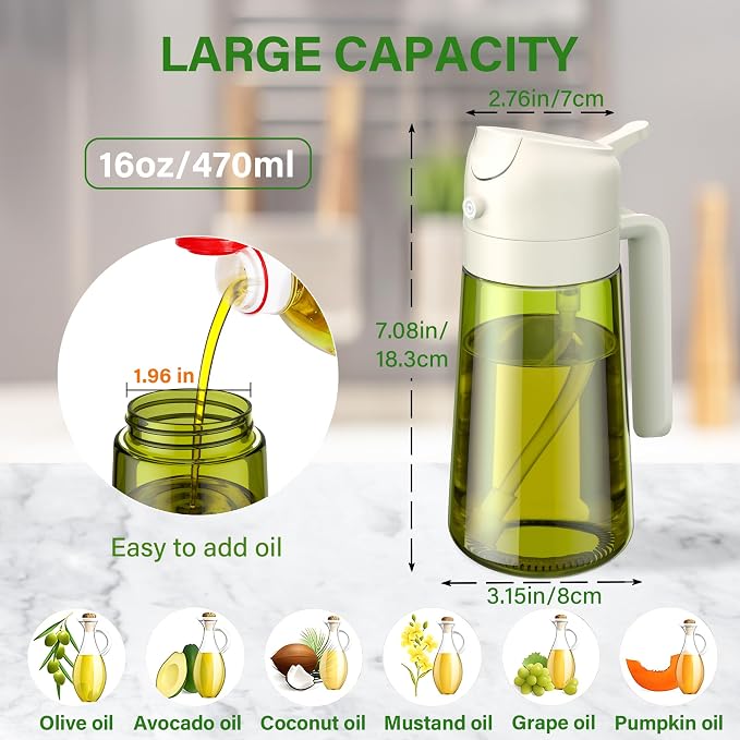 Vakoo 2 in 1 Oil Sprayer and Oil Dispenser for Kitchen - 16oz/470ml Light-Blocking Dark Glass Olive Oil Spray Bottle for Cooking, Air Fryer, Salad & BBQ (Green and White)