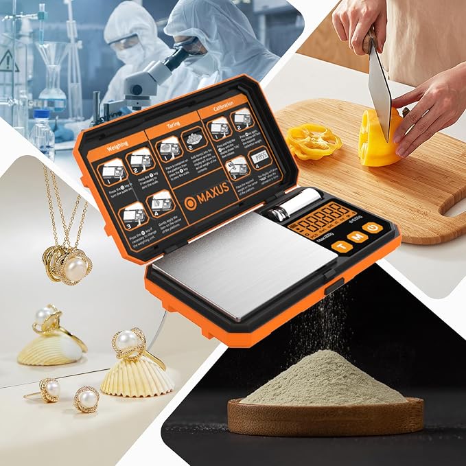 Pocket Scale, 200g x 0.01g, with 50g Calibration Weight and USB Cable | Digital Gram Scale, 6 Units, Backlit LCD, Stainless Steel Platform, Rubber Edges, for Jewelry, Coins, Powders, Food or Gems