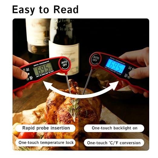 Digital Instant Read Meat Thermometer, Waterproof Red | 3-4 sec instant read cooking thermometer with ±2°F accuracy, ideal for grilling, BBQ, smoker, oven, baking & air frying
