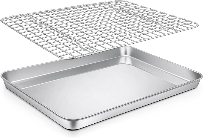 P&P CHEF 12.5 Inch Toaster Oven Pan Tray with Wire Rack, 2 PCS | Baking Sheet Pan + Cooling Rack for Cooking/Roasting, Dishwasher Safe & Rust Free, Non-toxic & Sturdy