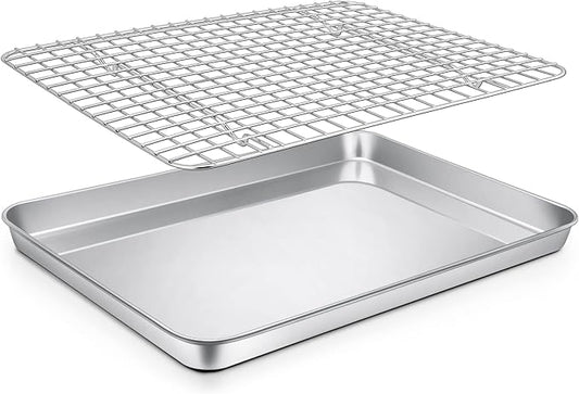 P&P CHEF 12.5 Inch Toaster Oven Pan Tray with Wire Rack, 2 PCS | Baking Sheet Pan + Cooling Rack for Cooking/Roasting, Dishwasher Safe & Rust Free, Non-toxic & Sturdy