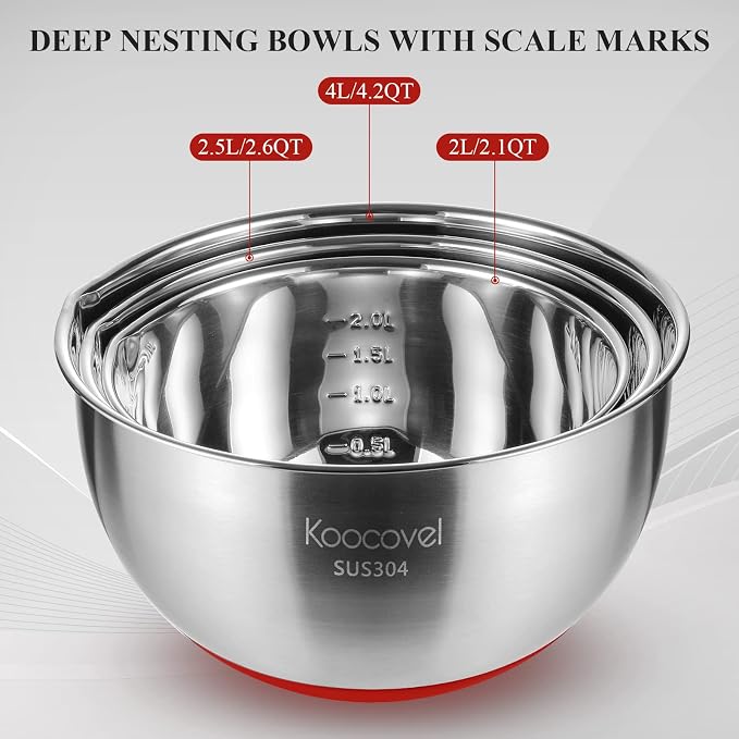Metal Mixing Bowls Set Stainless Steel, Non Slip Mixing Bowls(Set of 3) | Salad Bowl with Pour Spout, Nesting Design& Dishwasher-Safe