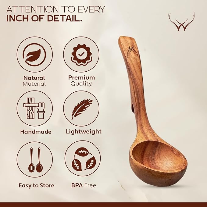 2Pcs Wooden Ladle Set included Teak Wood Soup Spoons with Hook Handles for Cooking wih Large Spoon Rest, Serving, Stirring – Non-Stick Wooden Spoons for Pot & Bowl
