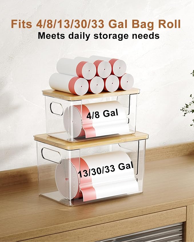 Trash Bag Dispenser 2 Pack (XL+S) - Trash Bag Holder with Bamboo Top | Acrylic Garbage Bags Dispenser Under Sink Organizer for Pantry, Kitchen, Laundry Room, Cabinet 2 Pack (XL+S)