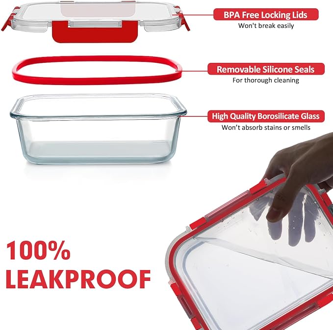 VERONES 30 Pieces Glass Food Storage Containers Set with Lids, Red | Stackable Glass Meal Prep Containers Set with Lids, Airtight Lunch Containers, for Microwave, Oven, Freezer & Dishwasher