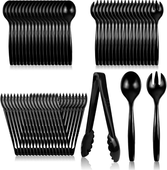 CXPSINC Disposable Plastic Serving Utensils Set 18-Piece, Including 6 Black Plastic Serving Spoons, 6 Tongs & 6 Forks, Disposable Serving Utensils For Catering Buffets Events (Black, 18pcs Utensils)