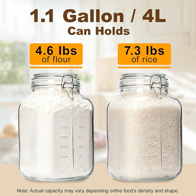 2 Pack 1.1 Gallon Square Super Wide Mouth, Airtight Glass Storage Jars, with Measurement Marks, Leak-Proof Lids for Kitchen Pantry, Canning, Dry Food (Flour, Sugar) & Drinks