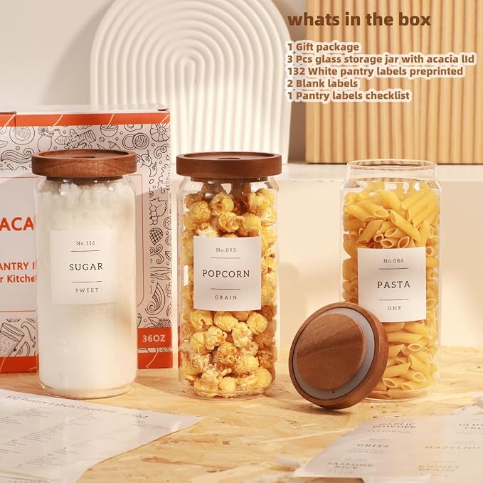 3 Pack Glass Canisters with Airtight Acacia Lids and 132 Kitchen Pantey Labels Preprint - 36 Fl OZ Borosilicate Glass Pantry Storage Jars Containers with Wooden Lids for Tea,Sugar,Cookie,Pasta,Candy