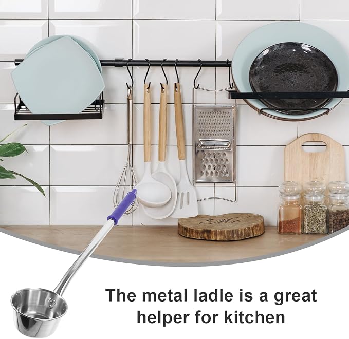 MAGICLULU 15 Inch Long Handle Water Scoop, Stainless Steel Metal Ladle with Blue Grip for Kitchen Cooking, Deep Pot Soup Spoon, Versatile Canning Dipper, Hangable Home Garden Cooking Utensil