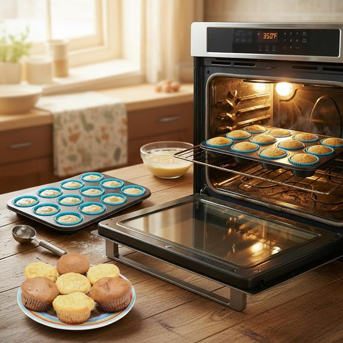 2 Set 12-cup Non Stick Carbon Steel Muffin Pan for Baking with 24 Reusable Silicone Liners, Non Toxic Cupcake Pan Muffin Tin for Easter Wedding Brownies Egg Bite, Easy to Pop(Blue)