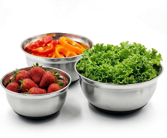 3pk Metal Mixing Bowls Set ，Stainless Steel Prep Bowls– 2.3/2.9/4.75 Qt | With Non-Slip Silicone Base, Nesting Design & Dishwasher Safe for Baking, Meal Prep, Salad Serving & Food Storage