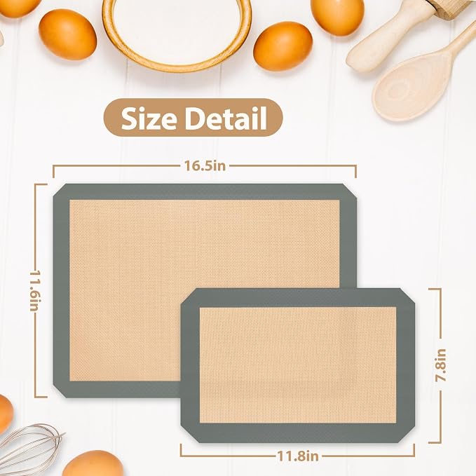 Silicone Baking Mat, Reusable Silicone Oven Baking Sheet | Pack of 3, 2 Half & 1 Quarter Sheet, Heat Resistant, Nonstick Food Safe Baking Mat, for Cookie, Bread, Pastry (Gray)