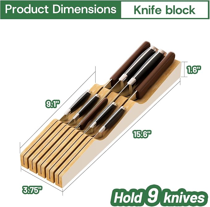 Knife Drawer Organizer, Bamboo Wood Knife Holder, Brown Knife Block Fit for 7 Knives