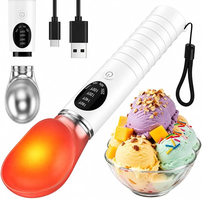 Heated Ice Cream Scoop Rechargeable, Electric Ice Cream Scooper with 4 Temp Modes & LED Display, Heats up to 160°F for Rock-Hard Ice Cream, IPX7 Waterproof Kitchen Gadget for Seniors & Kids (White)