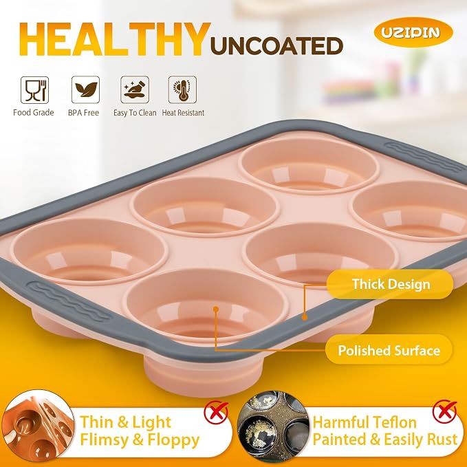 Silicone Muffin Pan, 6 Cups Non-Stick Cupcake Pan, Food-Grade BPA-Free Muffin Tin, Oven-Safe 450 °F, Reinforced Steel Frame, Easy-Grab Handles, Quick-Release 2.7" Baking Molds for Mini Treats
