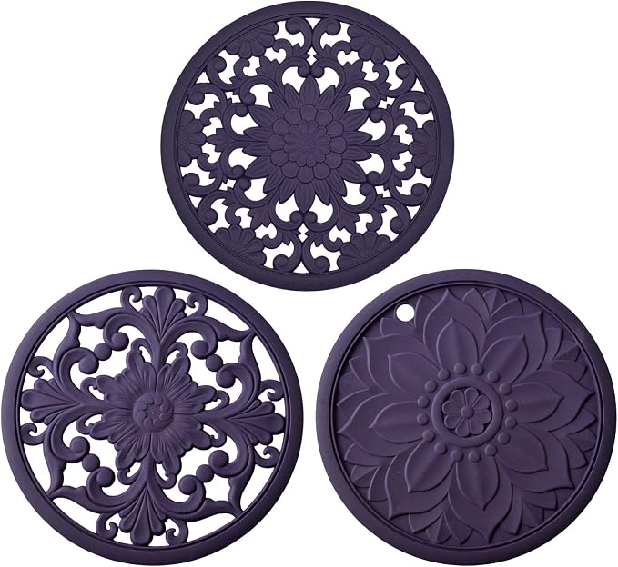 Silicone Trivet Mat,Set of 3 Heat Resistant Trivet for Hot Dishes Trivets for Hots Pots and Pans,Trivet Flexible Non Slip Potholder Hot Pads for Kitchen-Violet,A004V