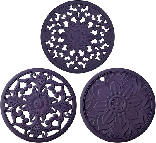 Silicone Trivet Mat,Set of 3 Heat Resistant Trivet for Hot Dishes Trivets for Hots Pots and Pans,Trivet Flexible Non Slip Potholder Hot Pads for Kitchen-Violet,A004V
