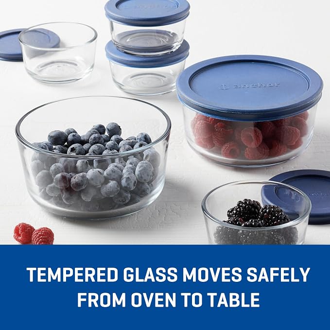 Anchor Hocking 12 Piece Glass Storage Containers with Lids (6 Glass Food Storage Containers & 6 Navy Blue SnugFit Lids)