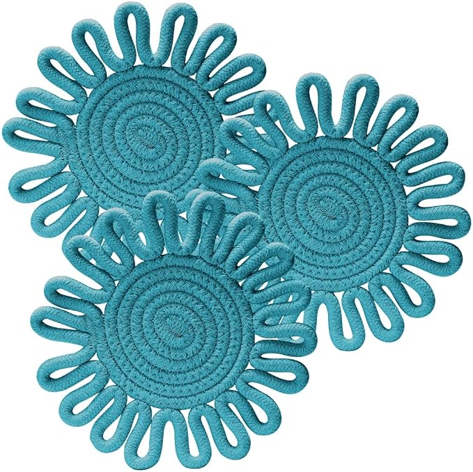Kitchen Trivets for Hot Dishes Potholders for Countertop Hot Pads Hot Mats or Trivets for Hot Pots and Pans Home Essentials Boho Farmhouse Kitchen Decor Set of 3, 100% Cotton,7.5" (Turquoise)