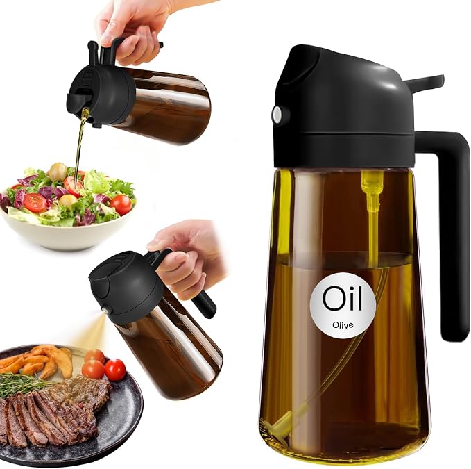 YARRAMATE 16oz/470ml Light Blocking Oil Sprayer for Cooking (Black) | Food-Grade 2 in 1 Olive Oil Dispenser Bottle for Kitchen, Premium Dark Amber Glass Oil Bottle for Air Fryer, BBQ