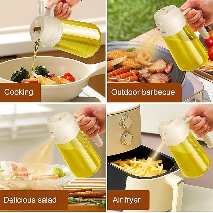 2 in 1 Olive Oil Sprayer & Dispenser Bottle – 470ml/16oz Glass Spray and Pour Oil Bottle for Cooking, Air Fryer, Salad, BBQ – Kitchen Gadgets & Accessories (White)