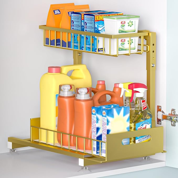 L-Shaped Under Sink Organizer, 2-Tier Pull-out Cabinet Rack 1-Pack | Gold Height-Adjustable Steel Rack, Sliding Grid Drawers with PP Liners, Holds 100 Lbs, Suction Base, Ideal Kitchen Storage