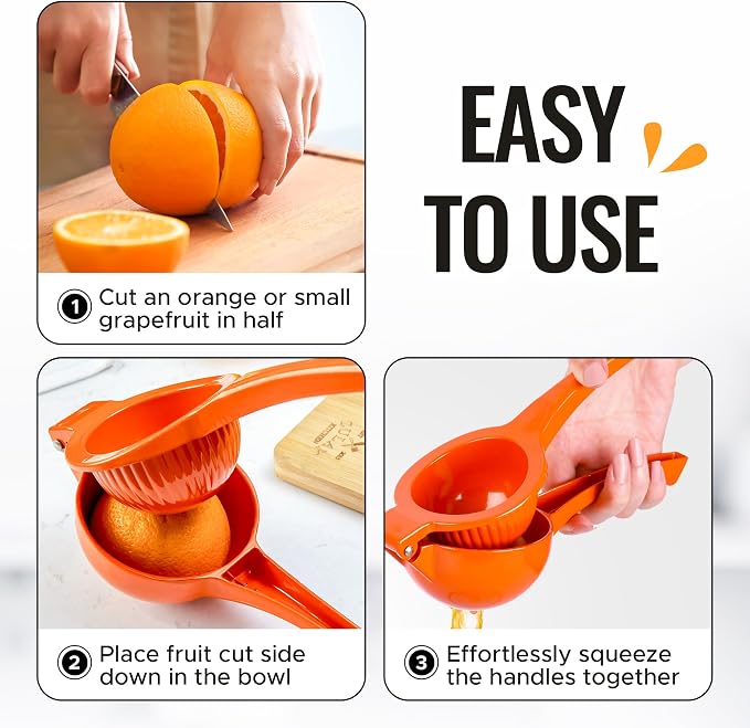 Zulay Kitchen Premium Metal Orange Squeezer – Heavy-Duty Manual Citrus Juicer for Maximum Juice Extraction – Ergonomic, Easy to Clean, Dishwasher Safe (Orange)