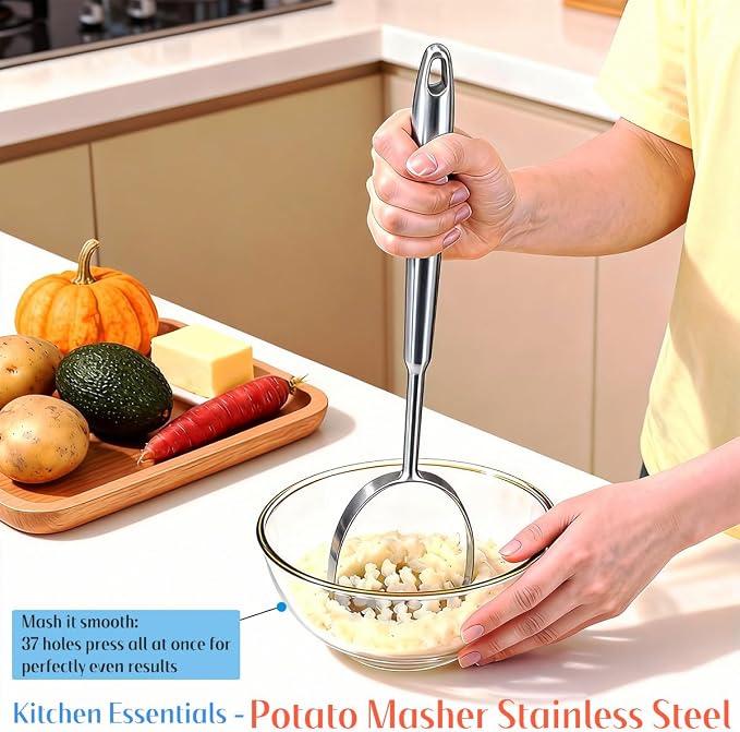 Potato Masher Stainless Steel, 14 Inch Potato Smasher - Kitchen Essential for Mashed Potatoes, Pumpkin, Carrots, Avocado & Fruits, Heavy Duty Metal Mashing Utensil (Silver)