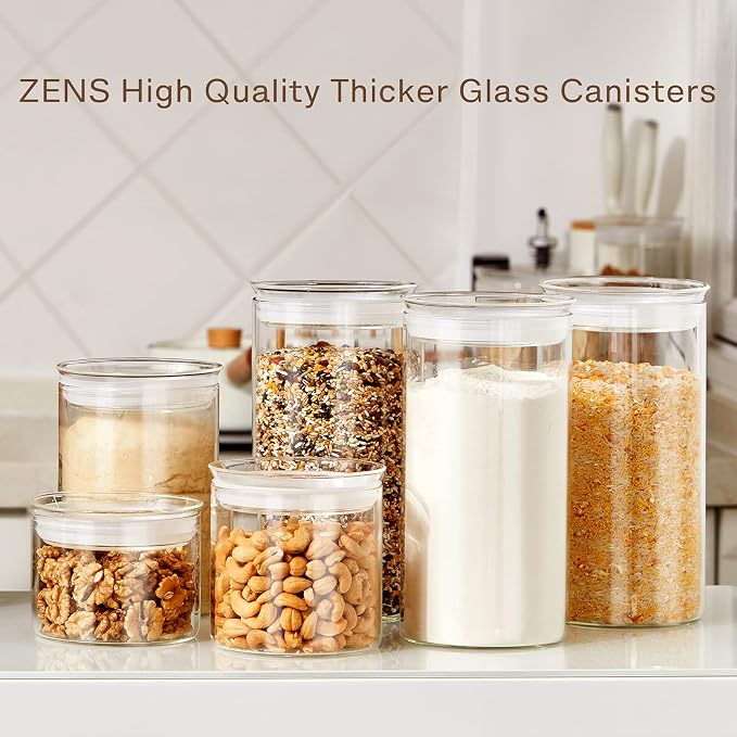 ZENS 74oz Glass Canisters with Airtight Lid, 2 Large Storage Containers | Thick Borosilicate Glass Jars with Airtight Lid, Wide Mouth Food Storage Jars for Kithen Pantry Baking Flour, Rice