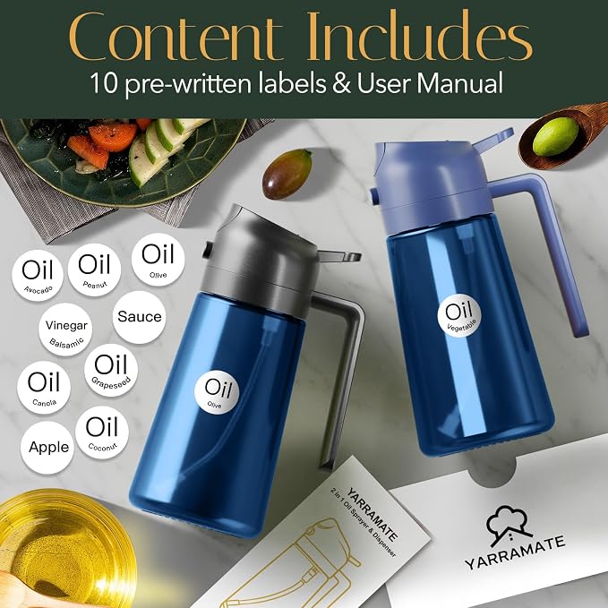 YARRAMATE 16oz/470ml Light-Blocking Dark Oil Sprayer for Cooking (Black) | 2 in 1 Olive Oil Dispenser Bottle for Kitchen, Premium Blue Glass Oil Bottle, Food-Grade Oil Mister for Air Fryer, BBQ