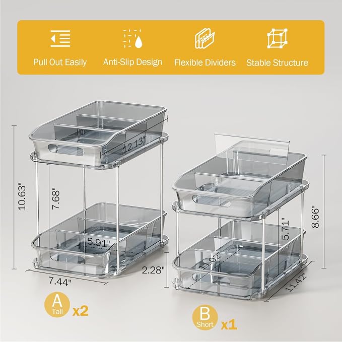 Delamu 2-Tier Under Sink Organizers and Storage, Multi-Purpose Stackable Bathroom Cabinet organizers, Pull Out Kitchen Pantry Organization and Storage with Dividers(3 Pack, Grey)